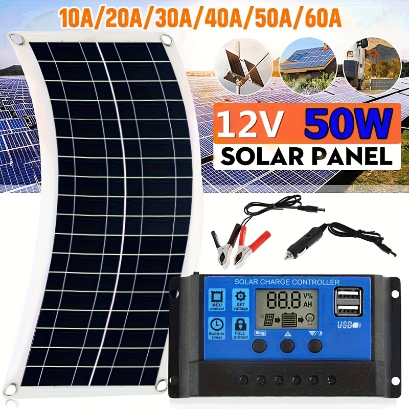 Kit Panel Solar 100W, Cargador de Batería Solar de Silicio Monocristalino,  Panel Solar con Controlador de Carga de 30 A para Vehículos Recreativos