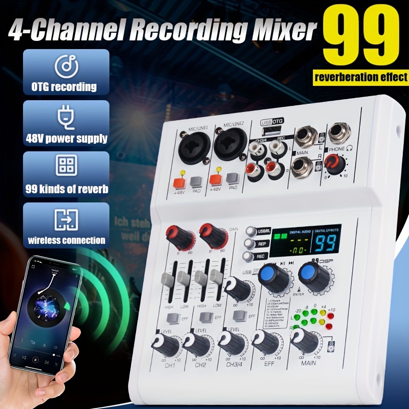 Depusheng U4 Portable Mini Mixer 4 Channel Audio DJ Console with USB 48V  Phantom Power for Gaming desk PC Recording Singing Webcast Party 