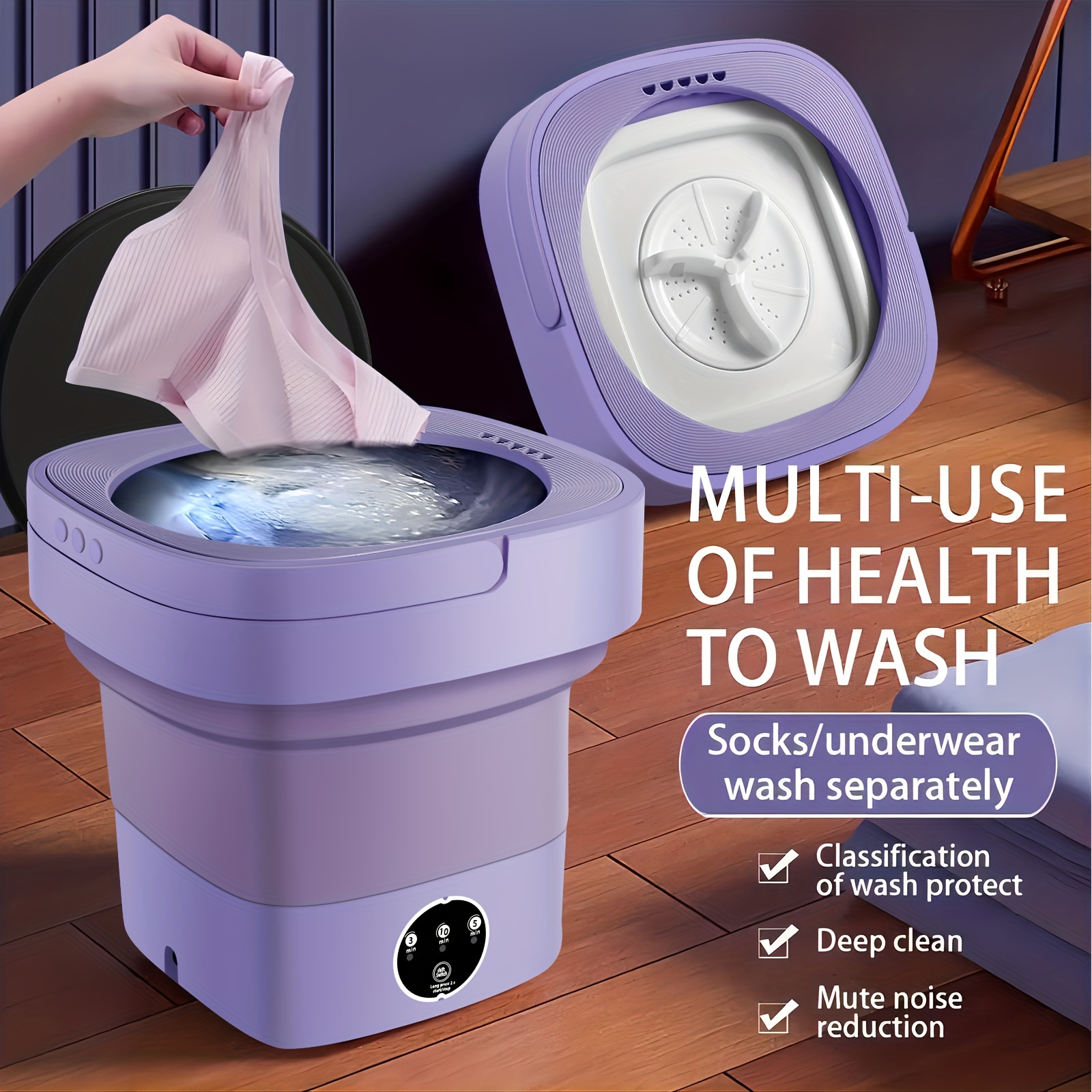  Mini lavadora portátil, lavadora de cubo plegable de 6 litros  con cesta de drenaje, lavadora plegable para calcetines y ropa interior  (rosa) : Electrodomésticos