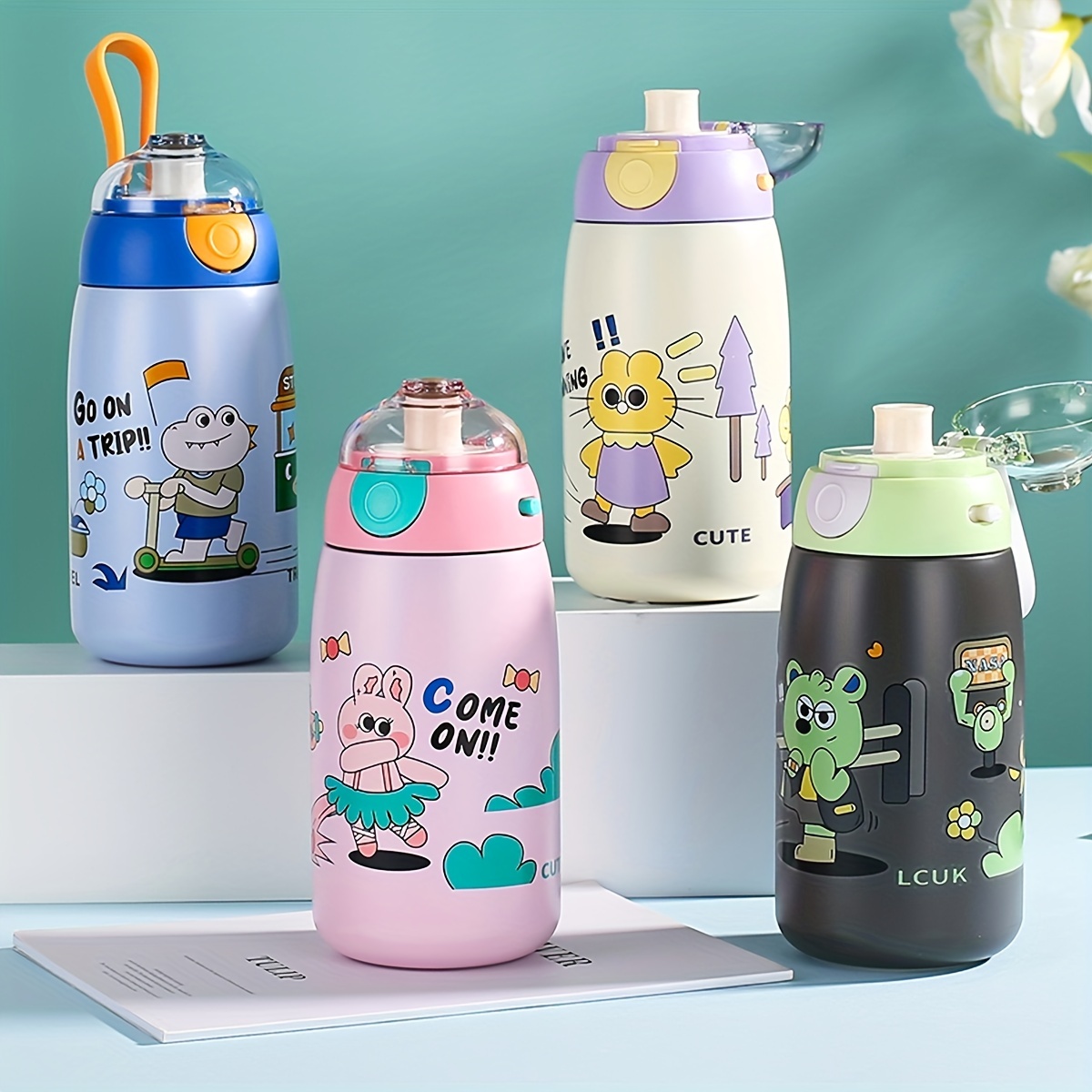 550ML Cute Bear Thermos Water Bottle With Straw For Kids Baby Stainless  Steel Portable Thermal Cup With Strap Silicone Cup Cover