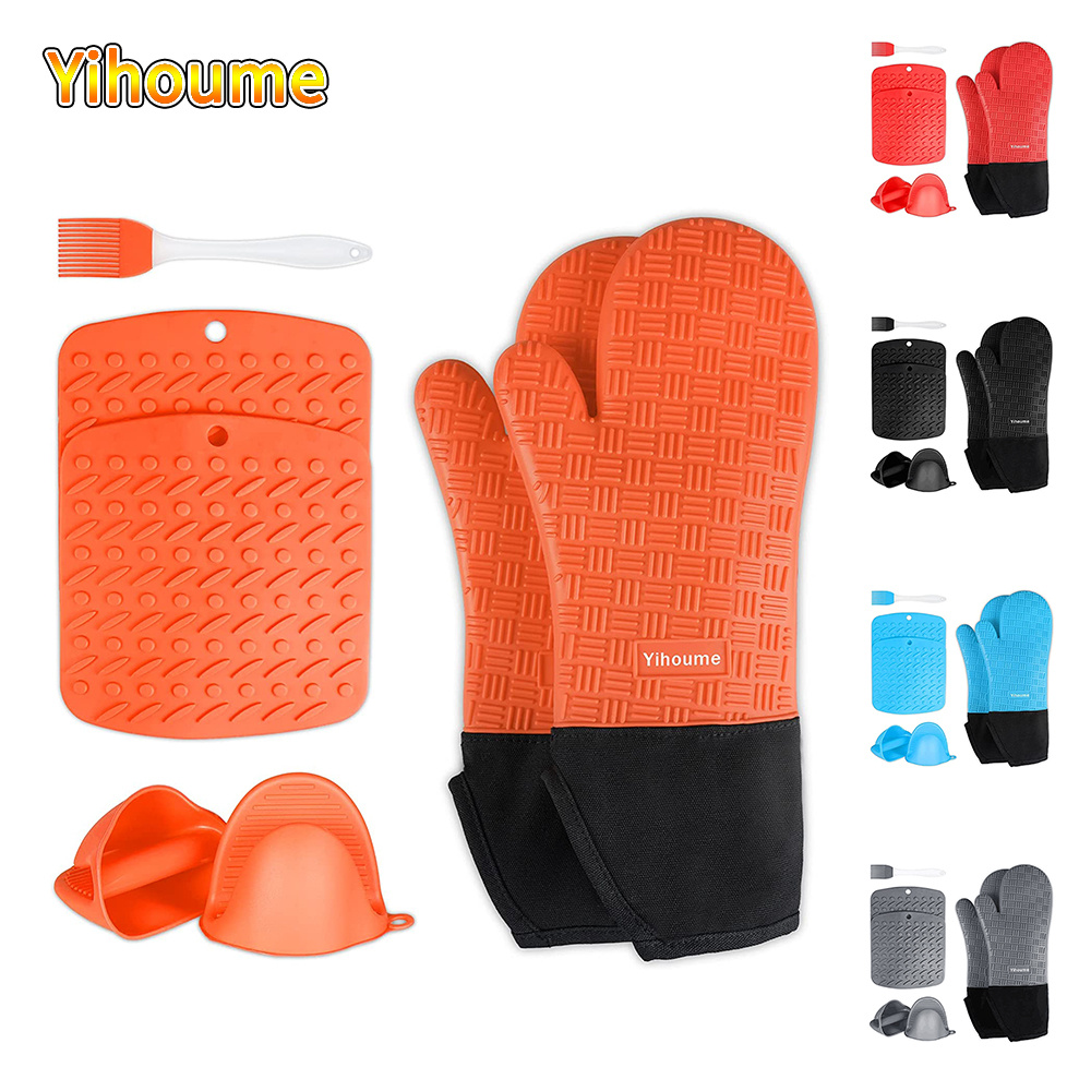  2PCS Red Black Professional Extra Large Silicone Oven Mitts and Pot  Holders Oven Gloves Heat Resistant Gloves Kitchen Mittens BBQ Gloves for  Cooking Grill Gloves Rubber Oven Mitt Cooking Gloves 