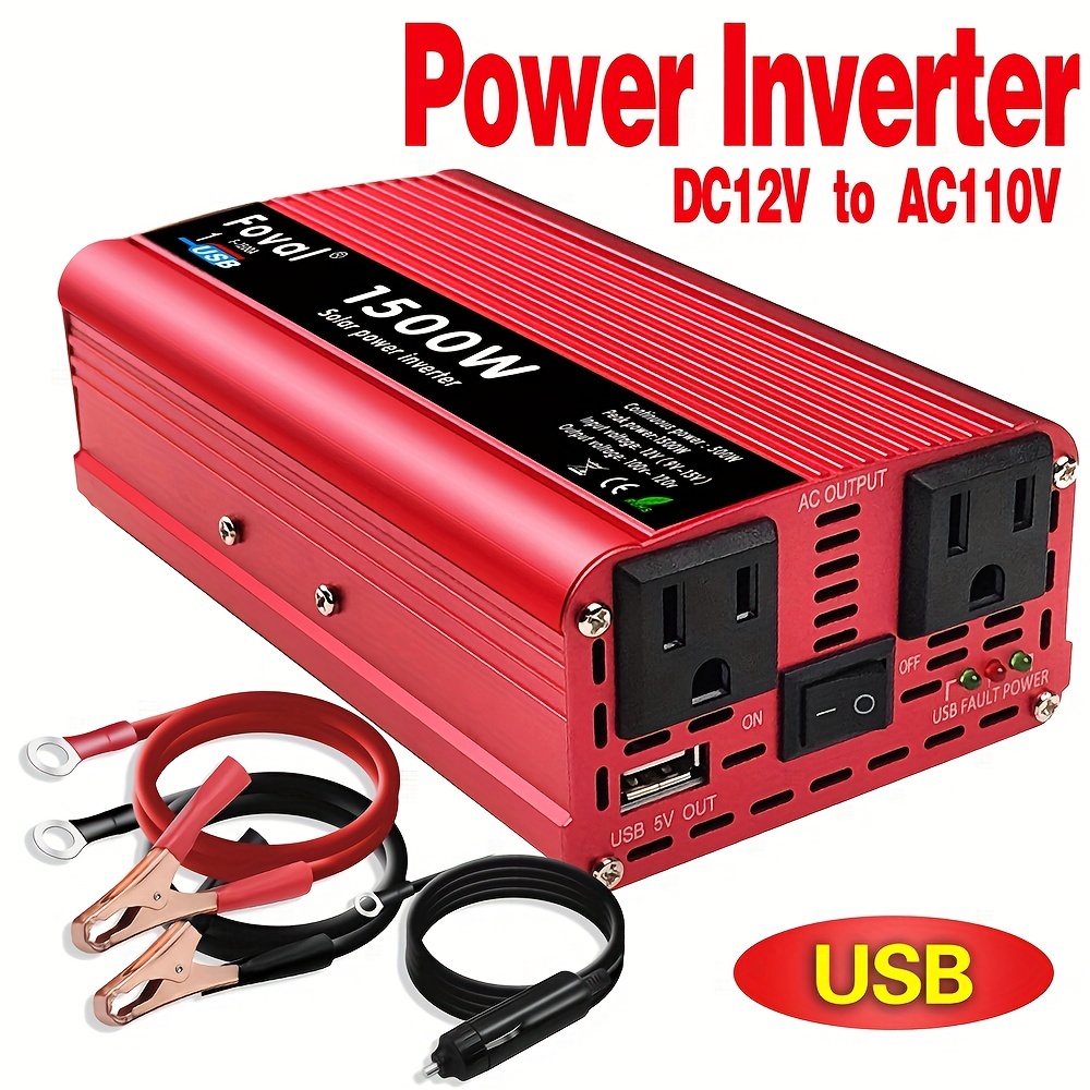1500W Pure Sine Wave Power Inverter 12V DC to 110V AC Converter with 2 AC  Outlets, USB Port and Bluetooth, 1500 watt Car Inverter for Camping, Truck