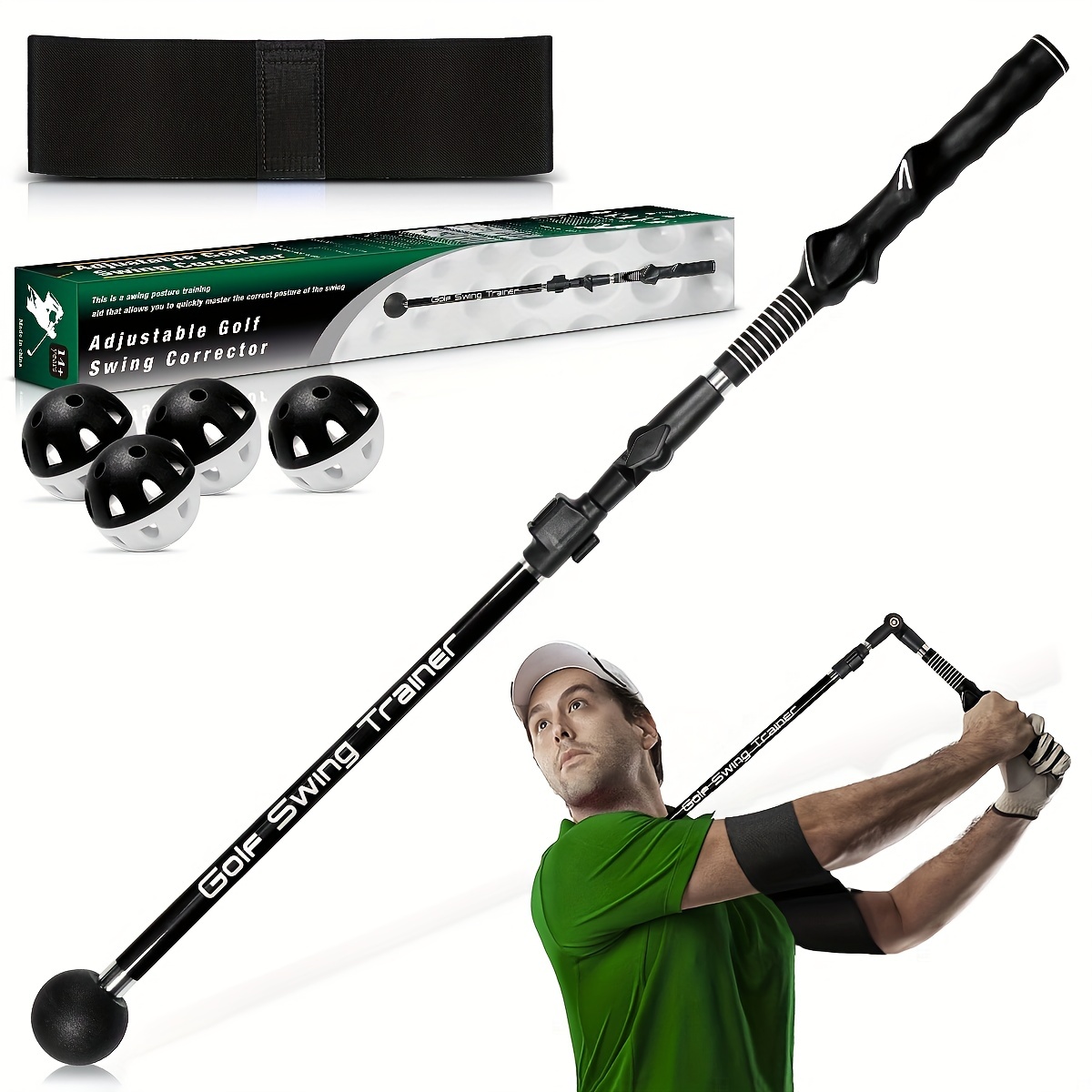 Premium Golf Swing Trainer Aid - Foldable Adjustable Golf Training Aid With  Arm Band And Practice Balls, Included 1 Swing Training Aid& 1 Arm Band & 4  Airflow Hollow Golf Balls