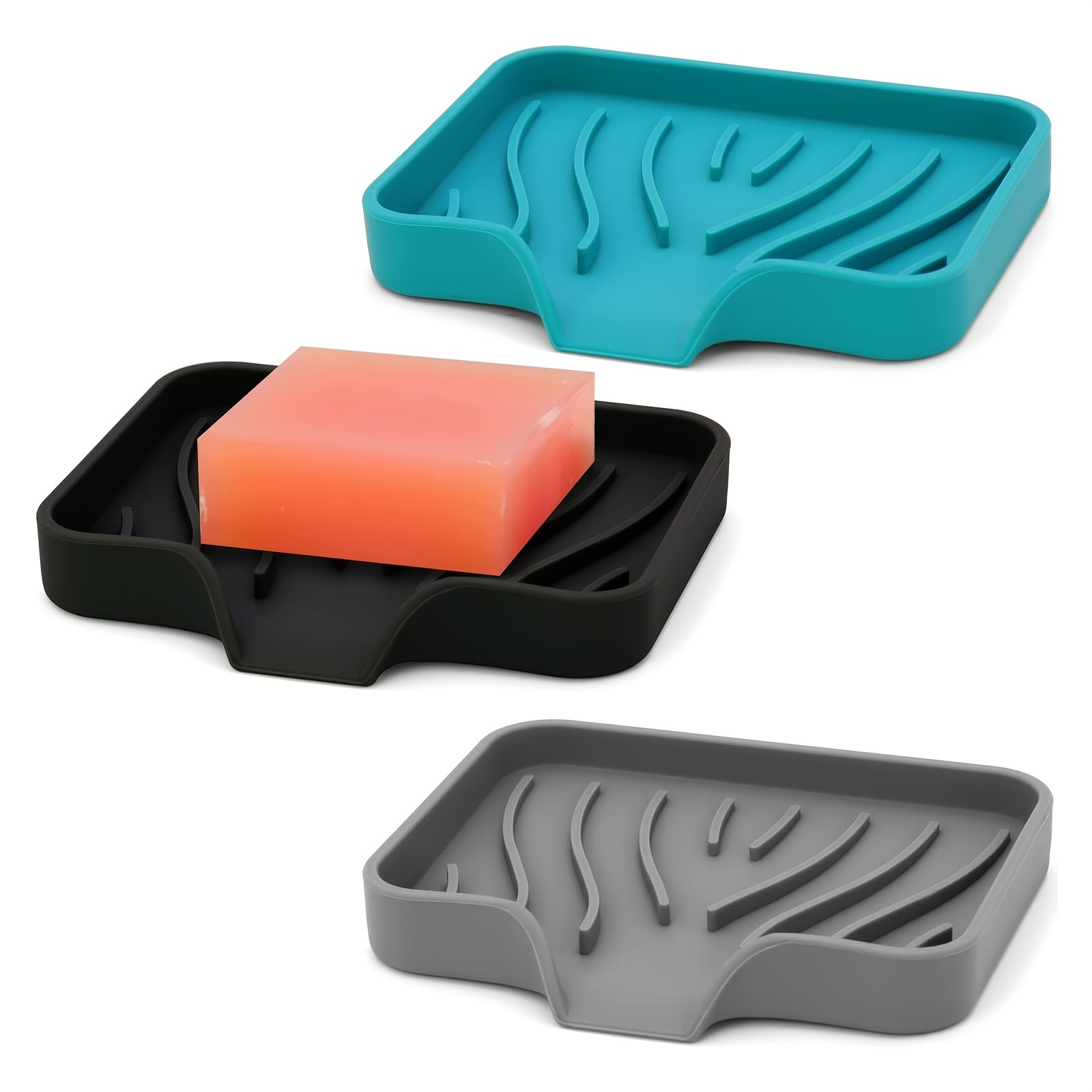 Self Draining Drying Silicone Mat Soap Dish/Soap Holder/Tray ( Set of 3  Pieces