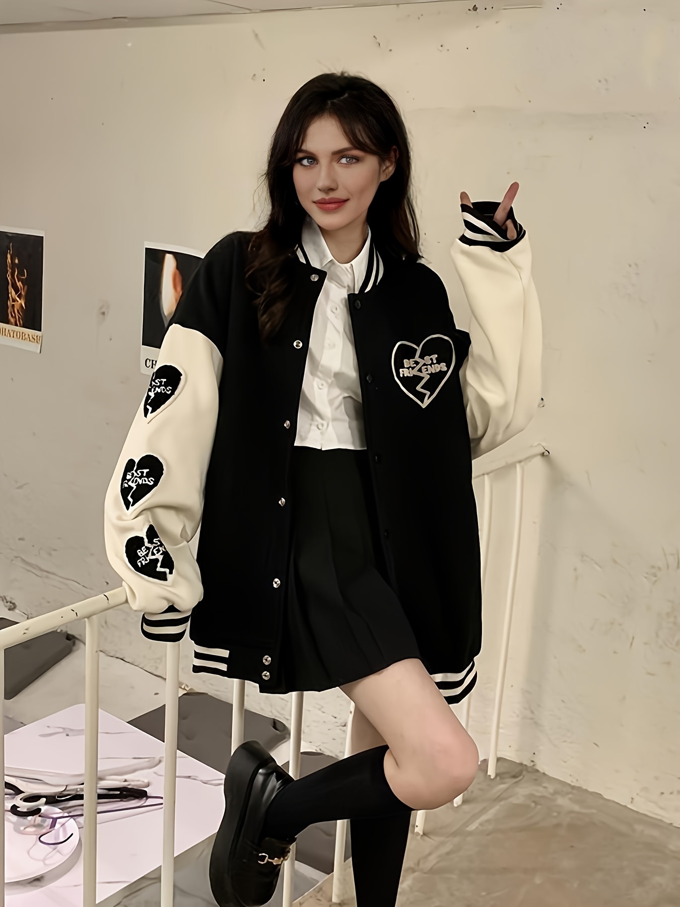 Girls Letter Patched Colourblock Contrast Trim Varsity Jacket