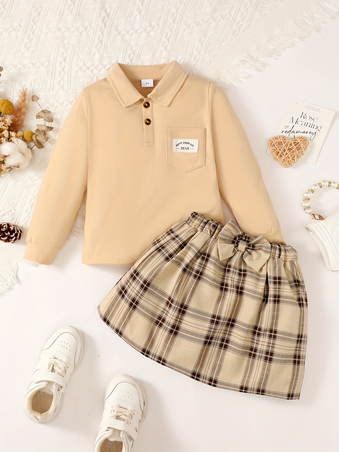 2pcs Girl's Preppy Style Outfit, Bear Pattern Sweatshirt & Pleated Skirt  Set, LOS ANGELES Print Casual Long Sleeve Top, Kid's Clothes For Spring Fall