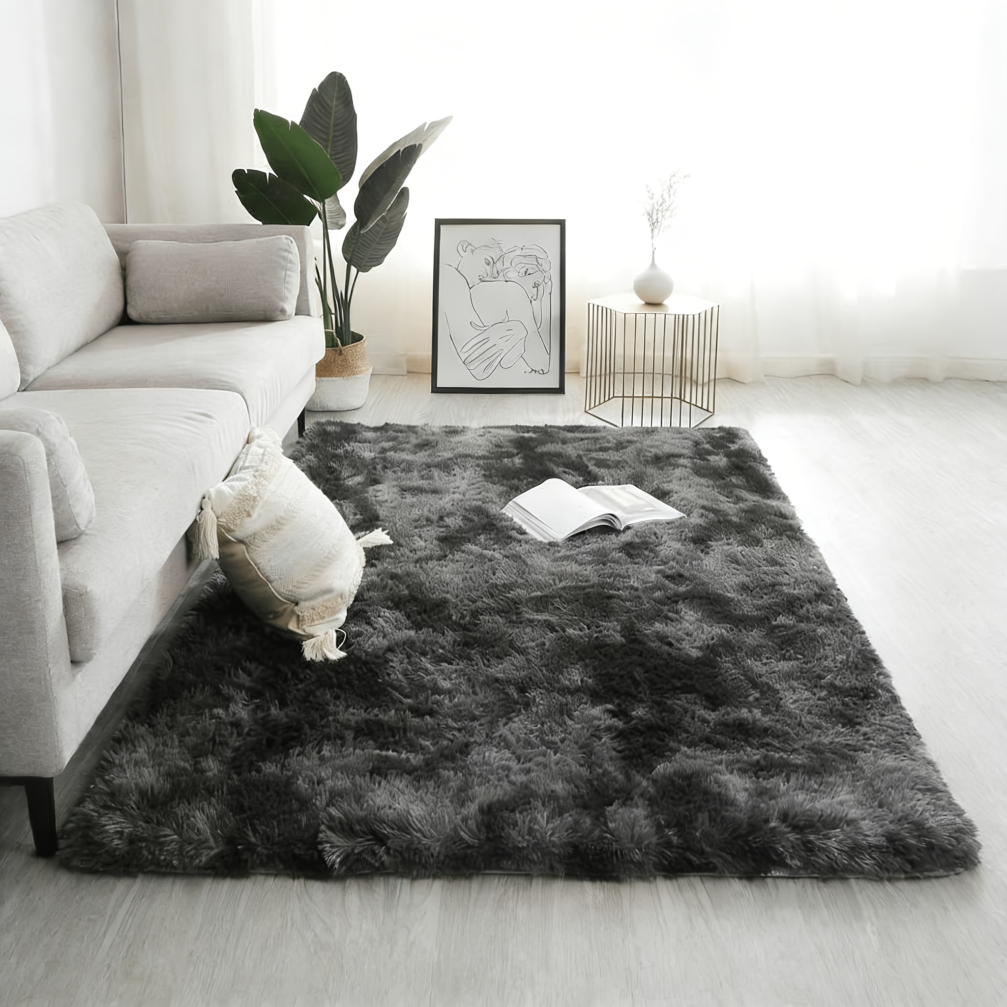 TEMU 1 Piece Plush Rectangular Area Rug - Soft And Fluffy 100% Polyester Fiber, Non-slip, Washable Carpet, Light-colored Design Suitable For Living