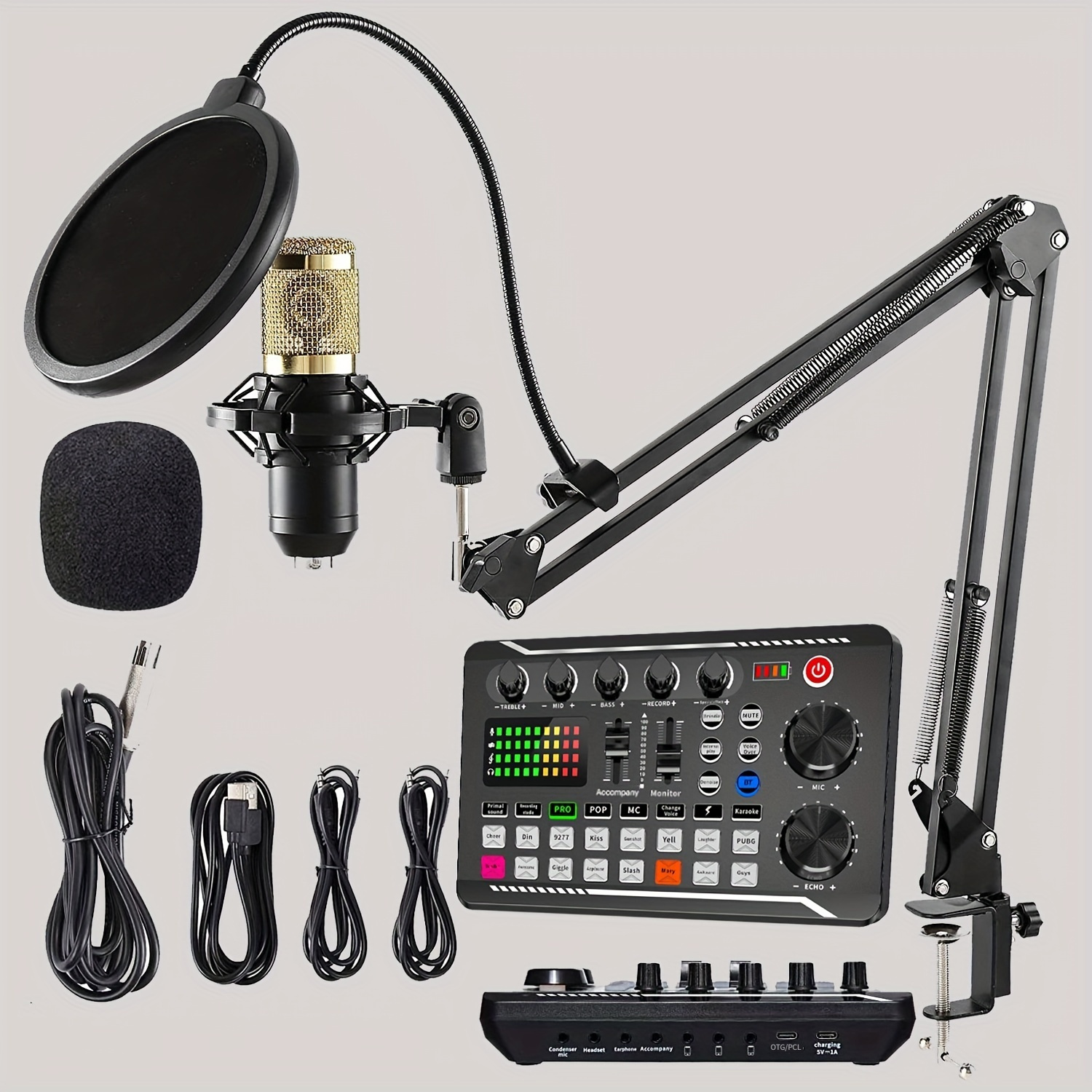  Micrófono de condensador de podcast de transmisión USB,  micrófono profesional para computadora de 192 kHz/24 bits, kit de  condensador cardioide de estudio con tarjeta de sonido, soporte de  escritorio, filtro pop
