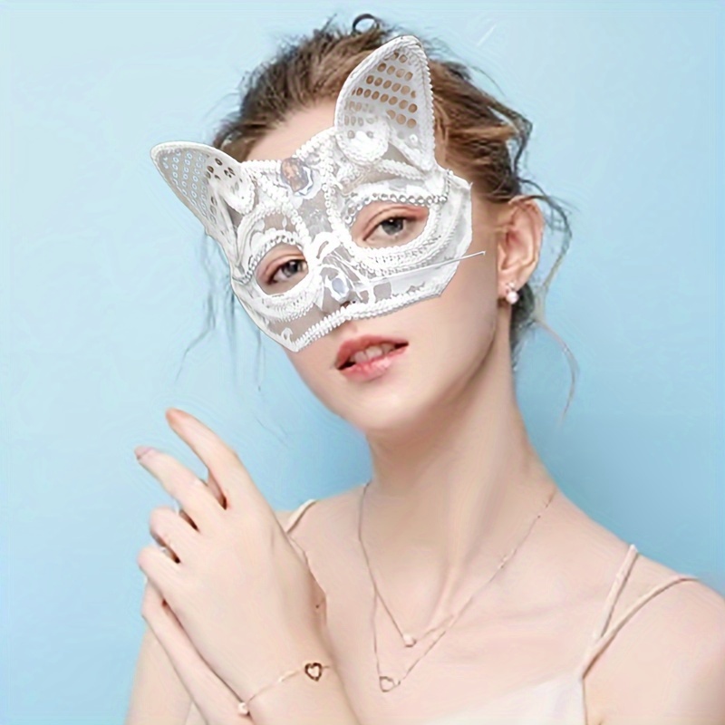 Vivid Cute Sexy White Cat Mask, PU Leather Half Face Mask Dress Up Accessories, Halloween Cosplay Costume Props, Bar Club Rave Party Decors