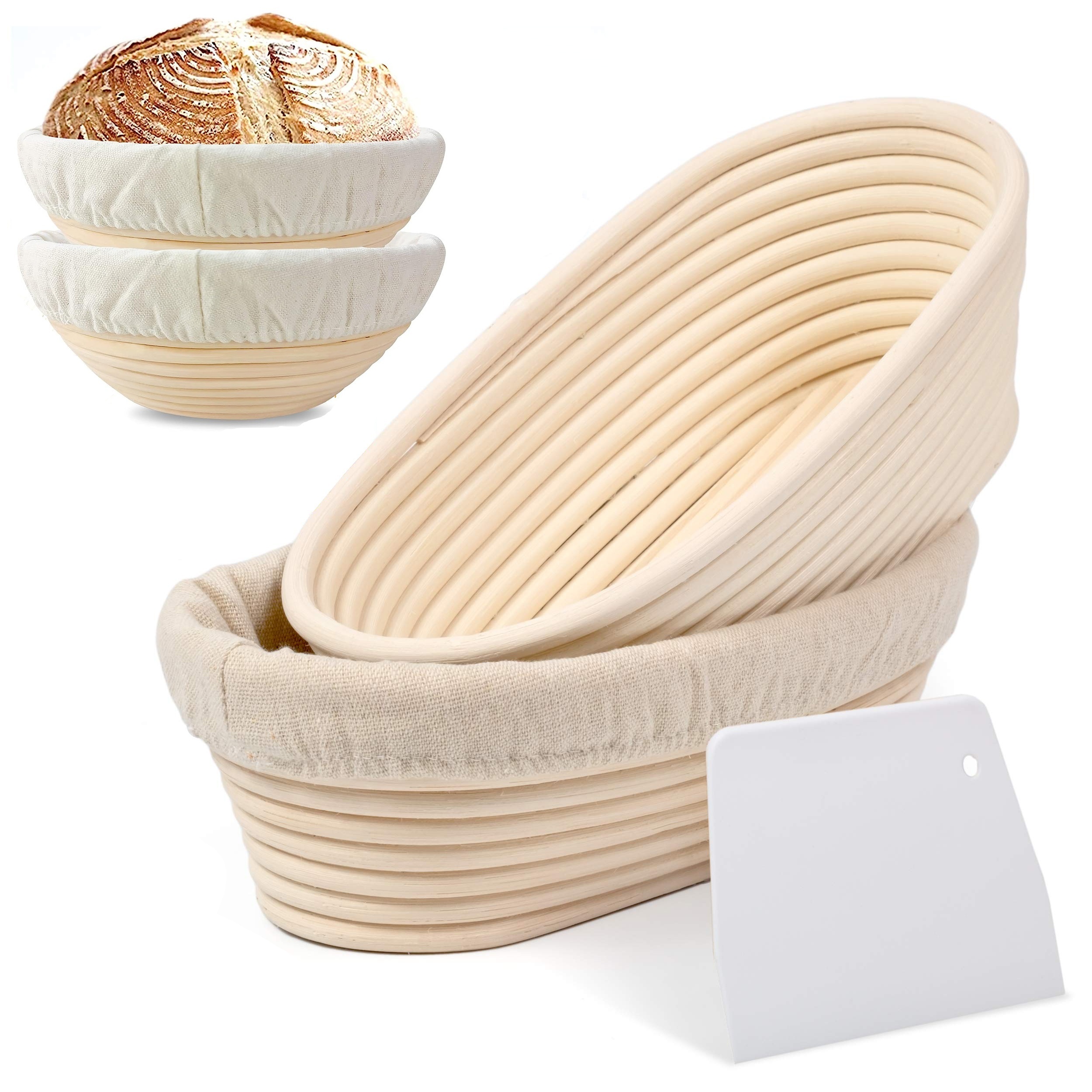  Sourdough Bread Baking Set, 10 Inch Oval & 9 Inch Round  Banneton Bread Proofing Baskets with Linen Liner, Silicone Bread Sling,  Danish Dough Whisk, Dough Scraper Kit, Silicone Brush & Silicone