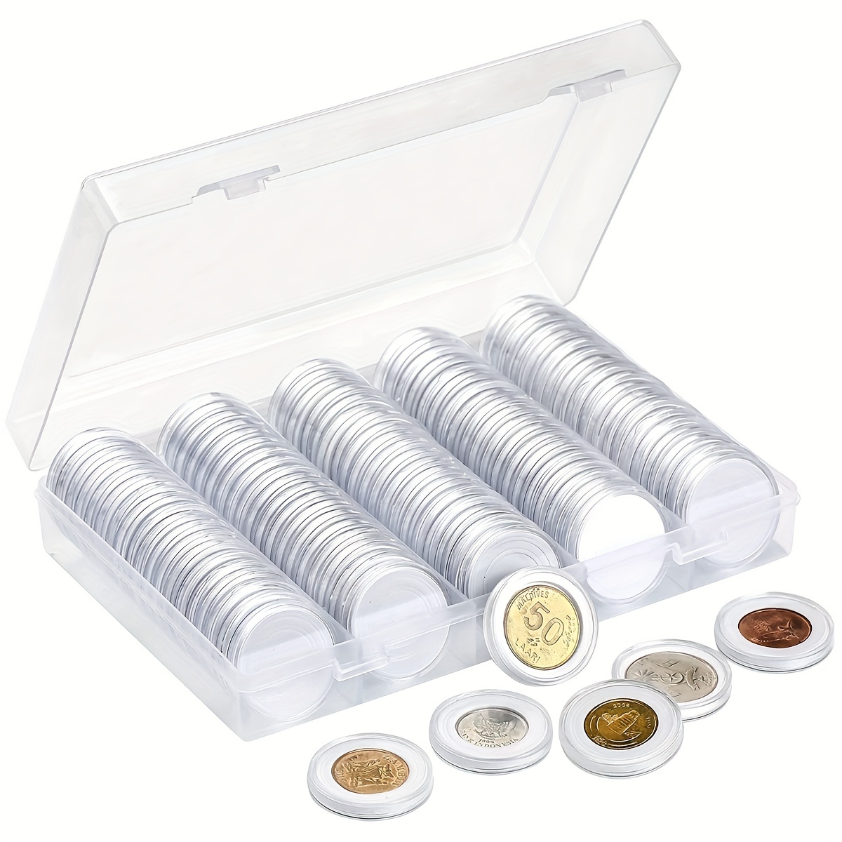 50 capsules en polystyrène transparent avec pochette pour pièces de monnaie  réglables