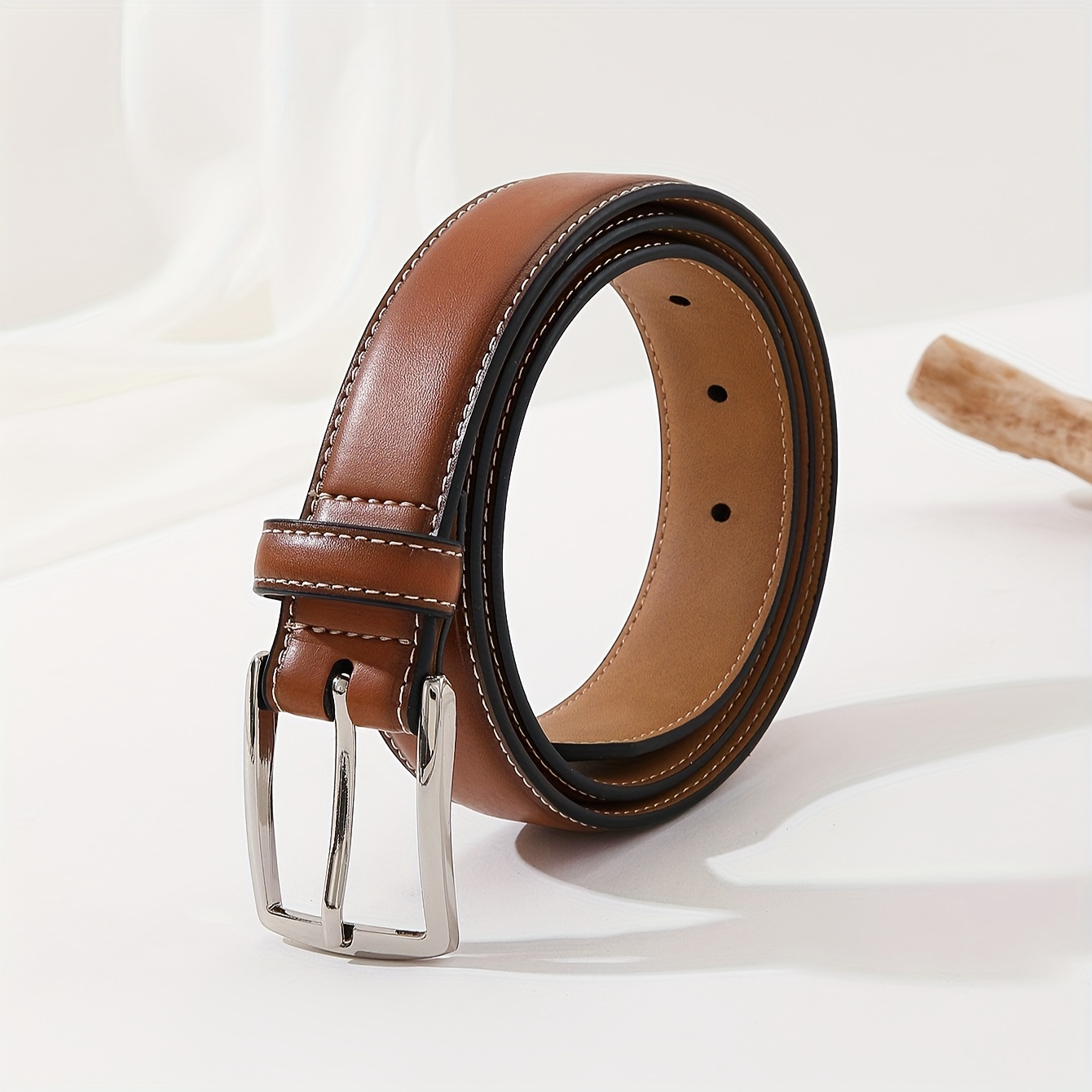 Men's Fashionable Khaki Small Square Print Pu Leather Belt - Temu