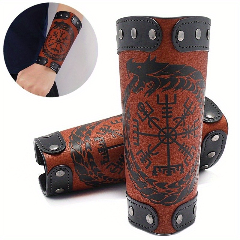 1pc Medieval Embossed Arm Bracers Retro Rivet Halloween Pu Leather