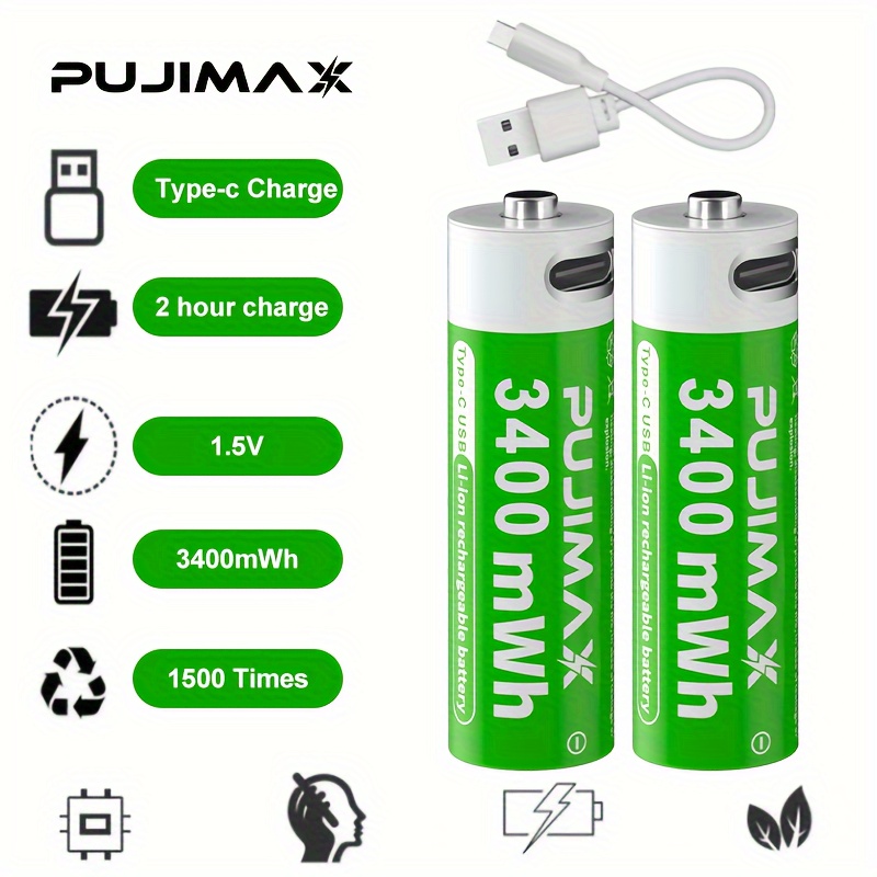 HW USB Rechargeable Lithium AA Batteries, 1500 mWh Li-ion AA Battery USB  Rechargeable Constant Output 1.5V, 1.5 Hours Fast Charge Directly,1000+