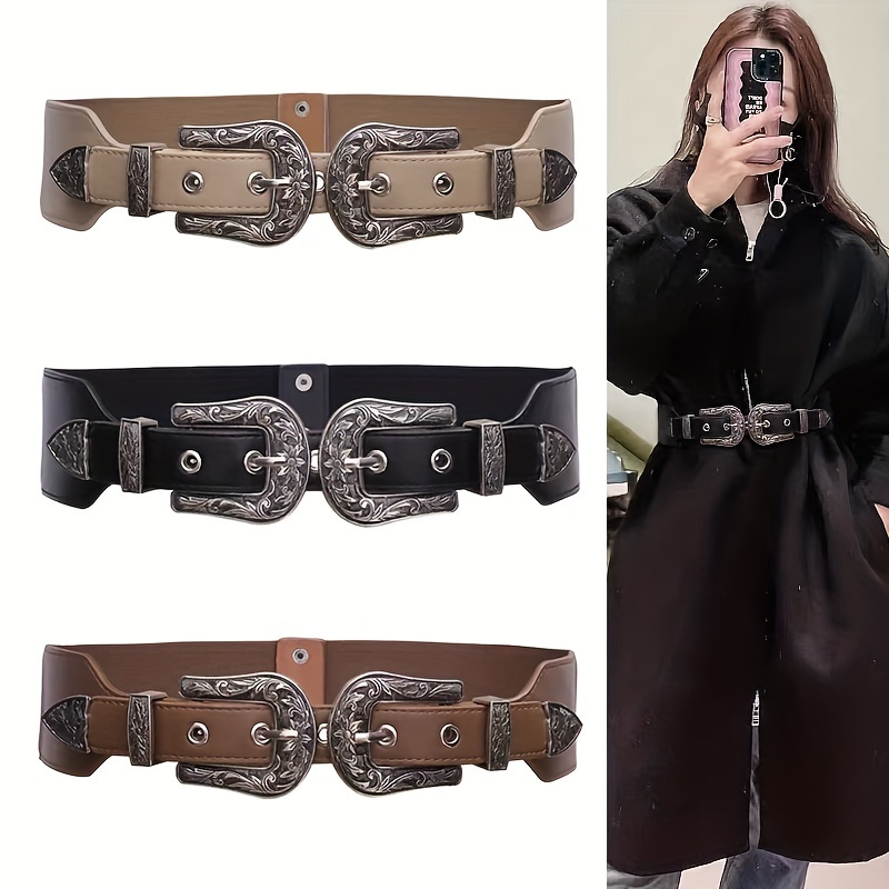 Cinturón de mujer Moda clásica Cinturón de cuero sólido Cinturón ancho  Cinturones de correa (negro)