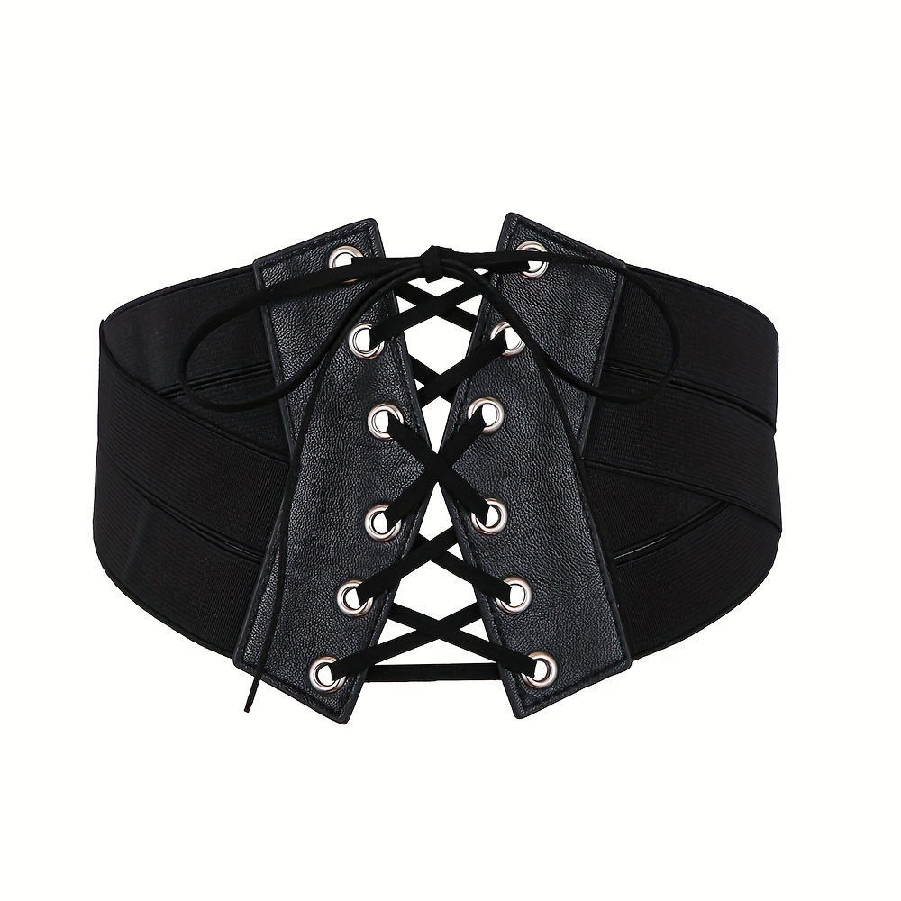 Gótico Bowknot Lace Up Belt Preto Elástico Wide Corset Cinto