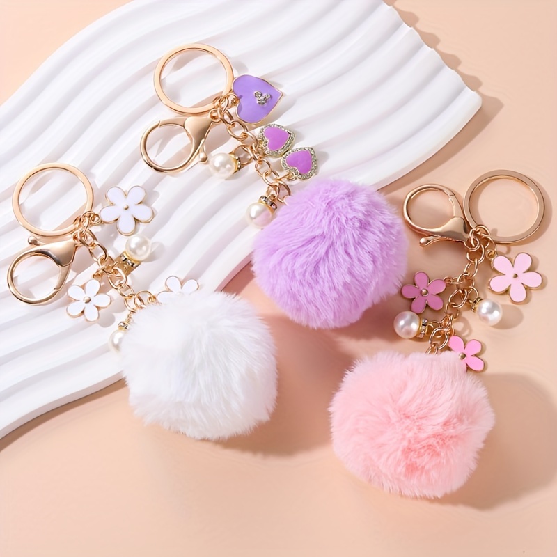 1PC Fluffy Pompom Key chains PU Leather Bow Key ring Fashion Women Handbag  Pendant Car Key Holder Accessory