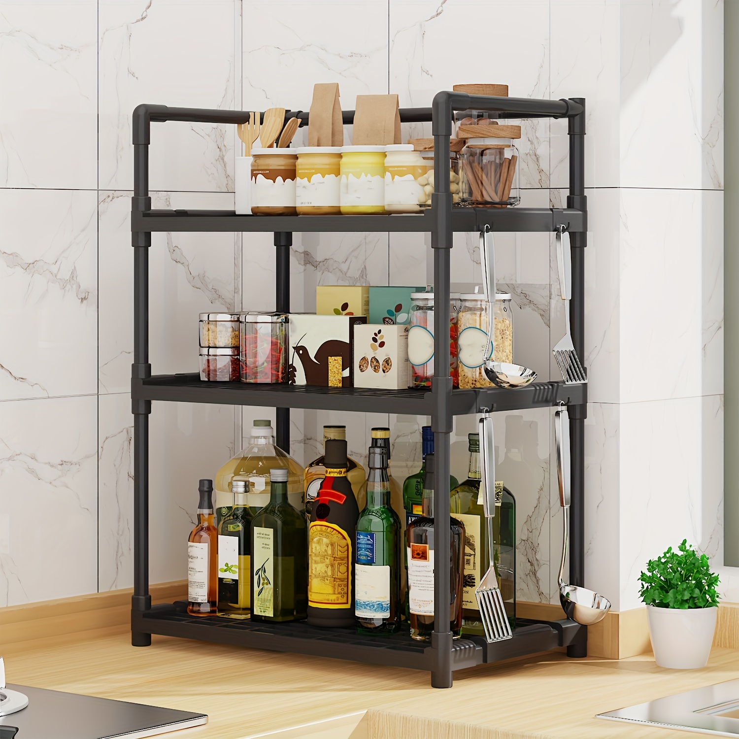 FUNKOL 5-Tier Black Metal Kitchen Shelf Foldable Storage Rack with