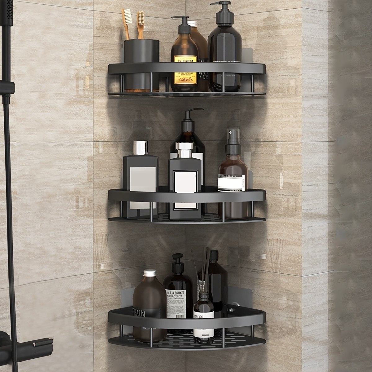 Laigoo Adhesive Shower Caddy Corner Shelf, Metal Bathroom Shelf Wall Mounted Shower Shelf, Non-Drilling Floating Shelves for Shower Organizer