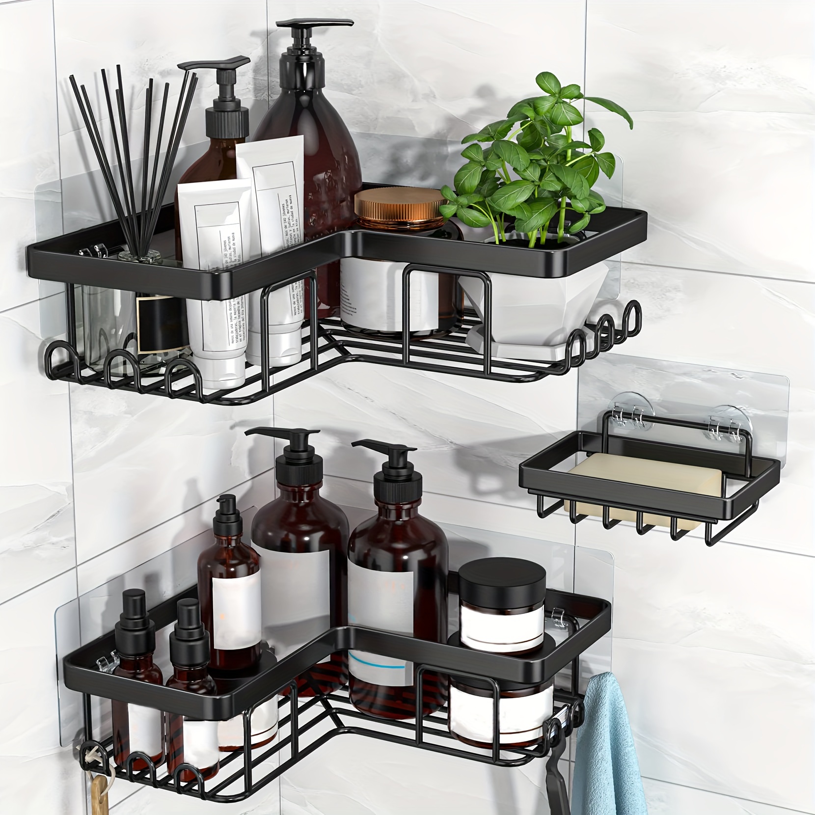 HapiRm Shower Caddy Shelf with 11 Hooks, Shower Rack for Hanging Razor, Soap and Shower Gel, No Drilling Bathroom Shelf with 3-4 Traceless Adhesive