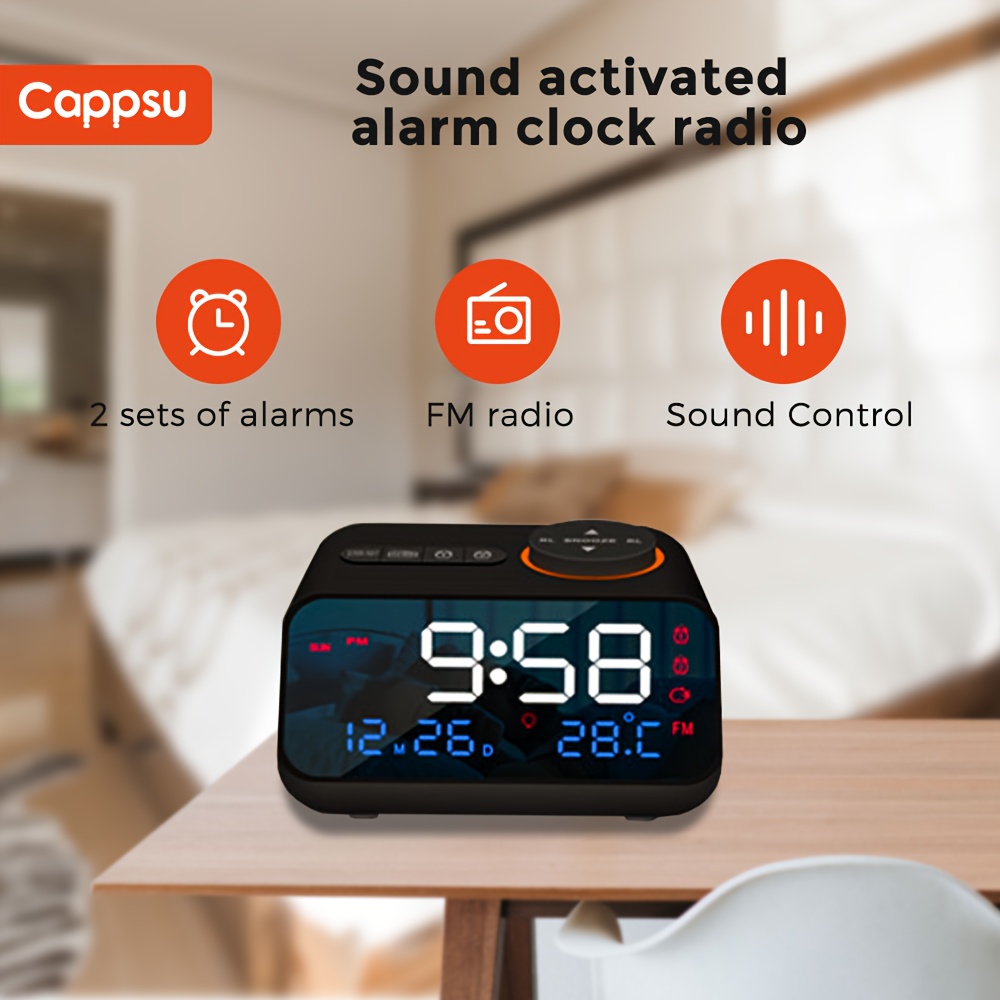 Radio despertador Bluetooth V5.0 altavoz con sonido HD y graves, pantalla  azul con atenuador, alarma, repetición, temporizador de sueño, volumen