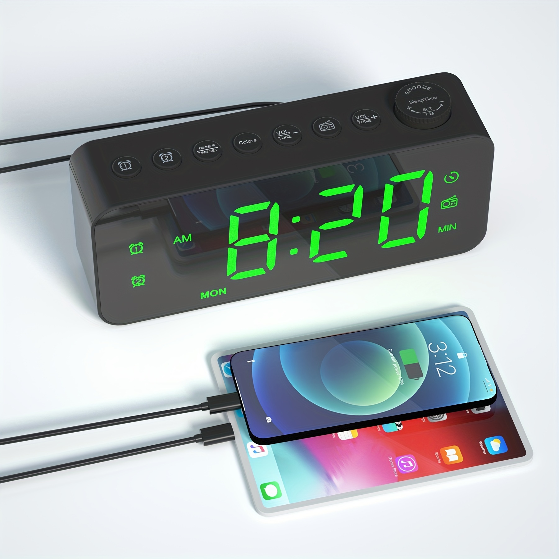 Radio despertador de proyección de techo, reloj despertador fm con proyector  de techo, pantalla de temperatura, relojes despertadores de puerto de carga  USB dual, dial negro