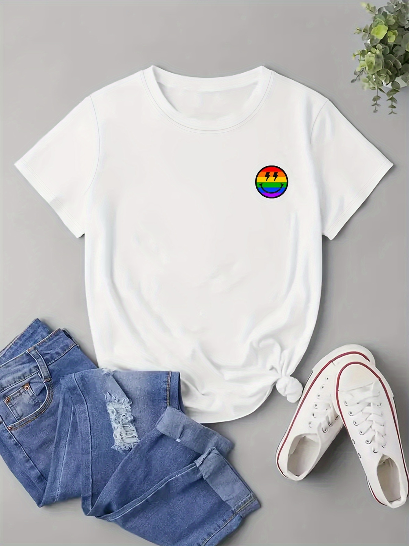 Women's T shirt Lucky Vintage Rainbow Graphic Crew Neck Drop - Temu
