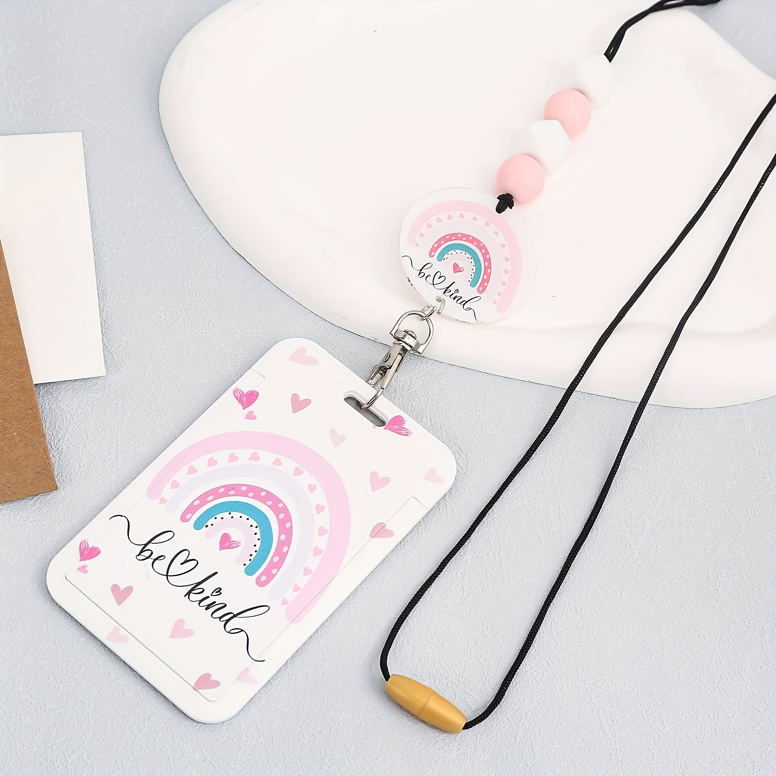 Cute Boho Preppy Lanyard ID Holder for School Girls Teachers Pink Aesthetic  Keychain Women Lanyard for ID Badge Keys