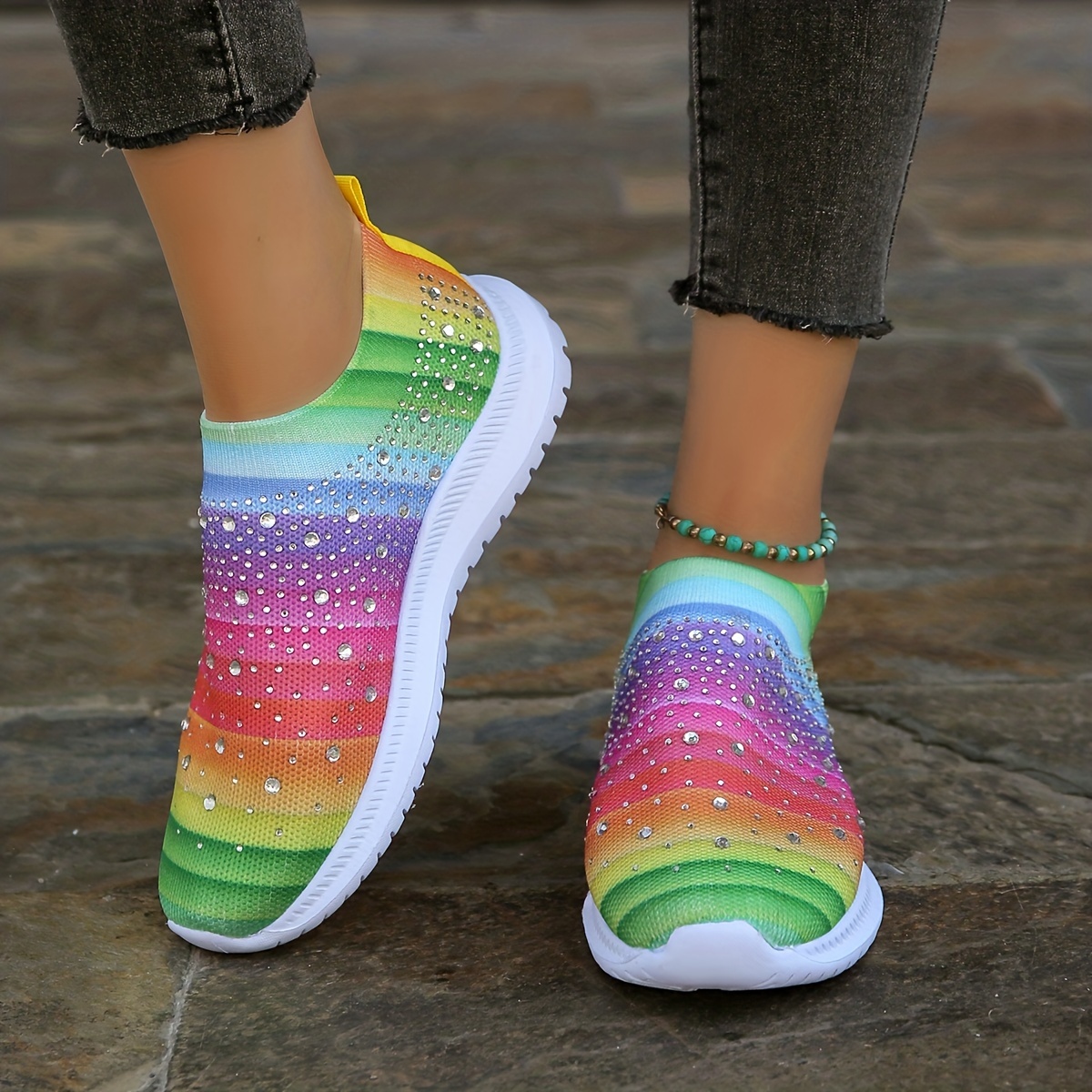 Women's Glitter Rainbow Print Canvas Shoes, Stylish Lace Up Outdoor Shoes,  Comfortable Low Top Sneakers