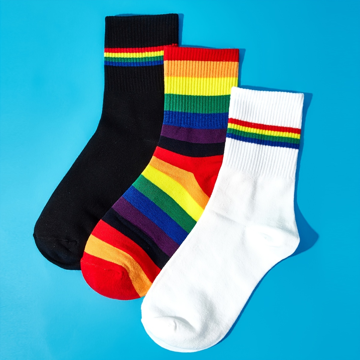 Calcetines de rayas de color arcoíris para mujer, calcetines elásticos a  media pantorrilla, calcetines de punto cálidos de invierno, Arco iris