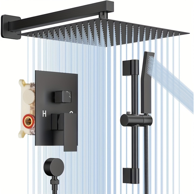 Sistema de ducha negro mate, cabezal de ducha de lluvia de 2 funciones con  mano para baño, mezclador montado en la pared, grifo de ducha de lluvia
