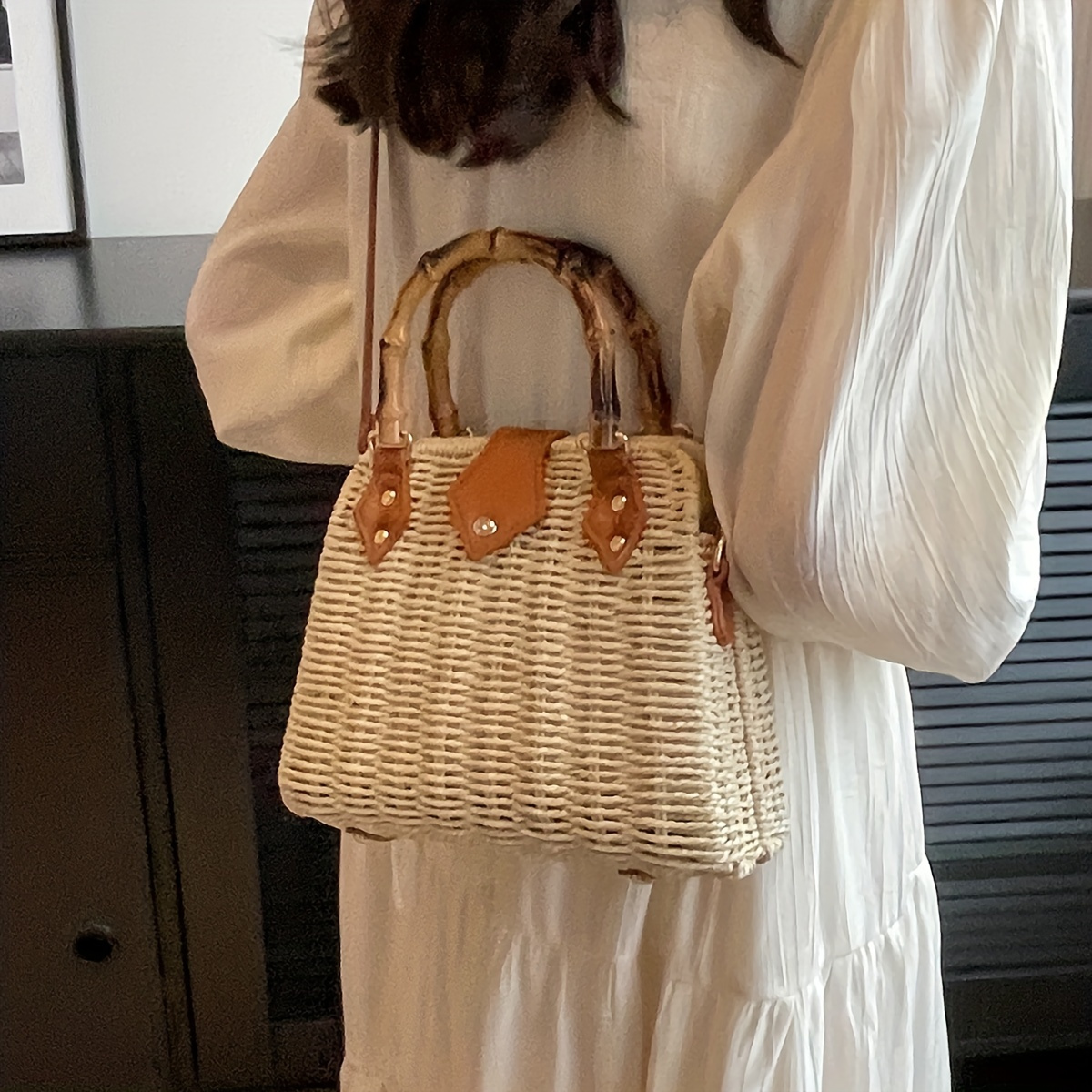 Rattan Woven Handbag Bamboo Handle Straw Bag Women s Summer Beach Crossbody Bag