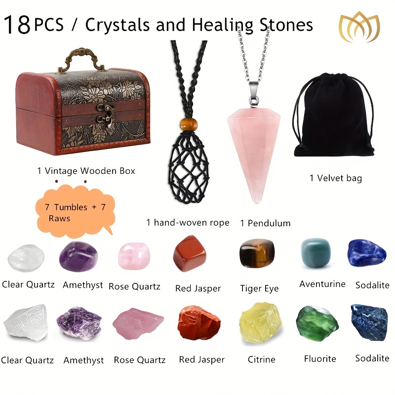  Healing Crystals Set, 23pcs Natural Healing Stones for  Meditation Reiki, 7 Tumbled and 7 Raw Crystals for 7 Chakra Balancing, with  Amethyst Cluster, Moon Tray, Rose Quartz Crystal Pendulum, Selenite 