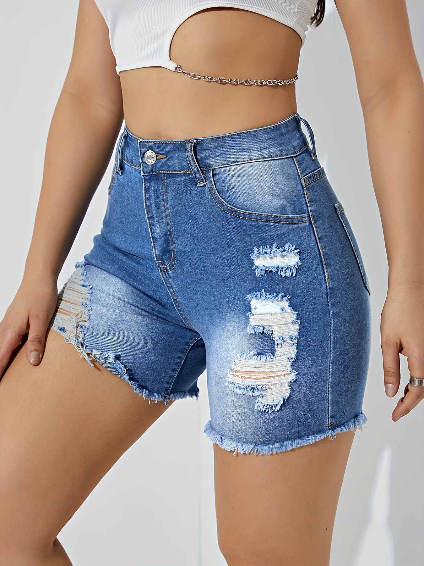 Slash Pockets High stretch Ripped Denim Shorts Hem Short - Temu