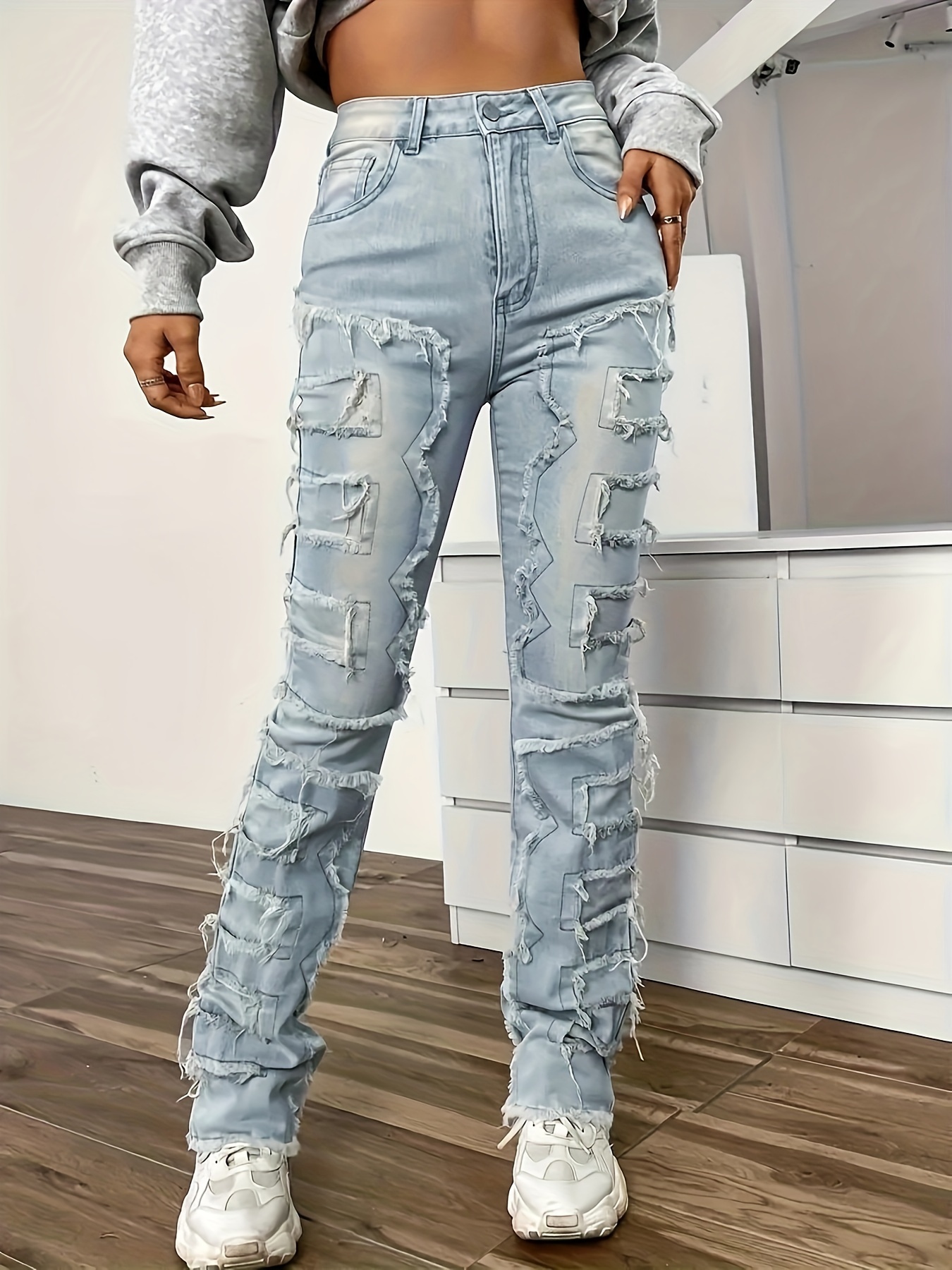 Star Print Whiskering High * Denim Pants, High Strech Slash Pocket Skinny  Jeans, Women's Denim Jeans & Clothing