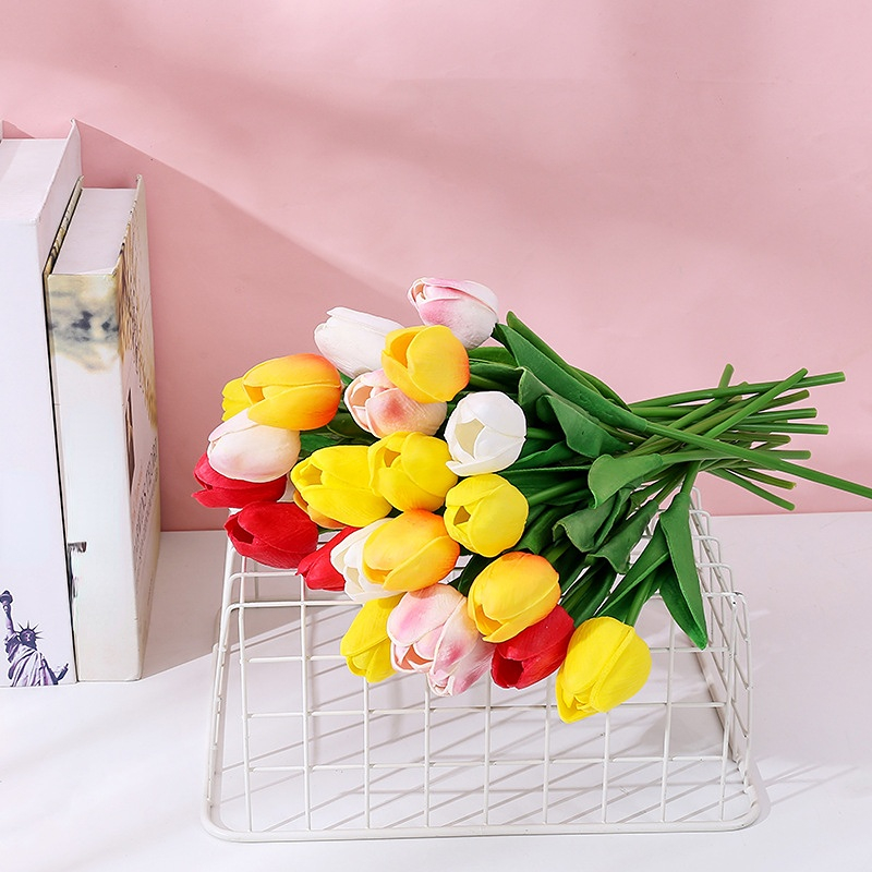 24 piezas de tulipanes artificiales multicolores, ramo de tulipanes falsos  de poliuretano sintético de tacto real para el hogar, habitación, oficina