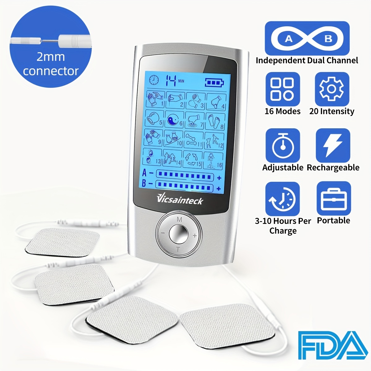 Rechargeable TENS Unit Muscle Stimulator,Independent-Control A/B Channel  Evolutional 10 Therapy Mode TENS EMS Machine with Large