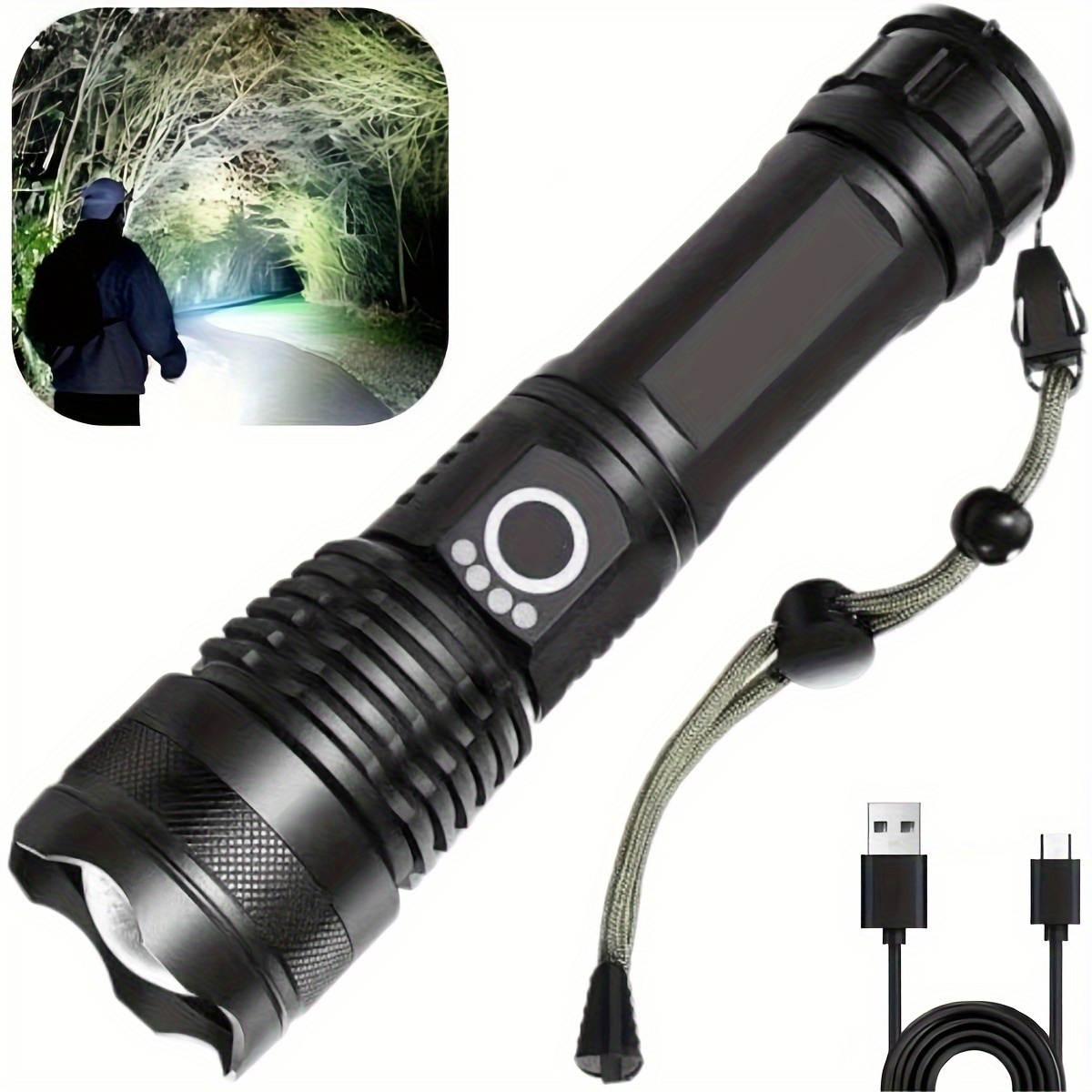 90000 Lumens Powerful Flashlight, USB Rechargeable Waterproof XHP70  Searchlight Super Bright 5 Modes LED Flashlight Zoom Bar Torch for Hiking  Hunting Camping Outdoor Sport (Battery Included) 