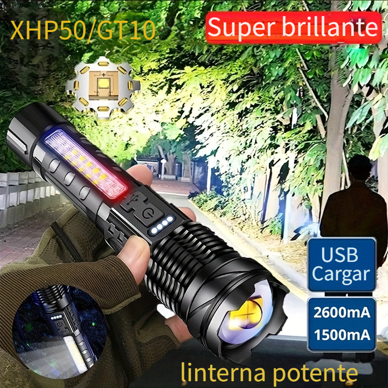 Hoxida Linternas tácticas LED de 10000 lúmenes altos recargables, XHP50  súper brillante, linterna táctica con zoom, impermeable, 5 modos, potente  linterna de mano para camping, emergencias, 1 unidad