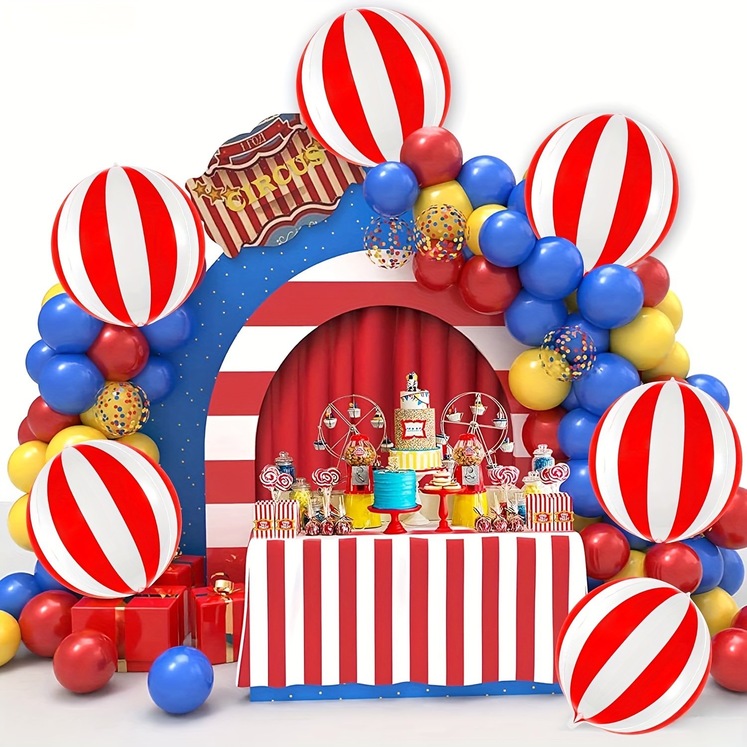 Decoraciones de fiesta temática de circo de carnaval, pancarta de  bienvenida al carnaval y falda de mesa a rayas rojas y blancas para fiesta  temática