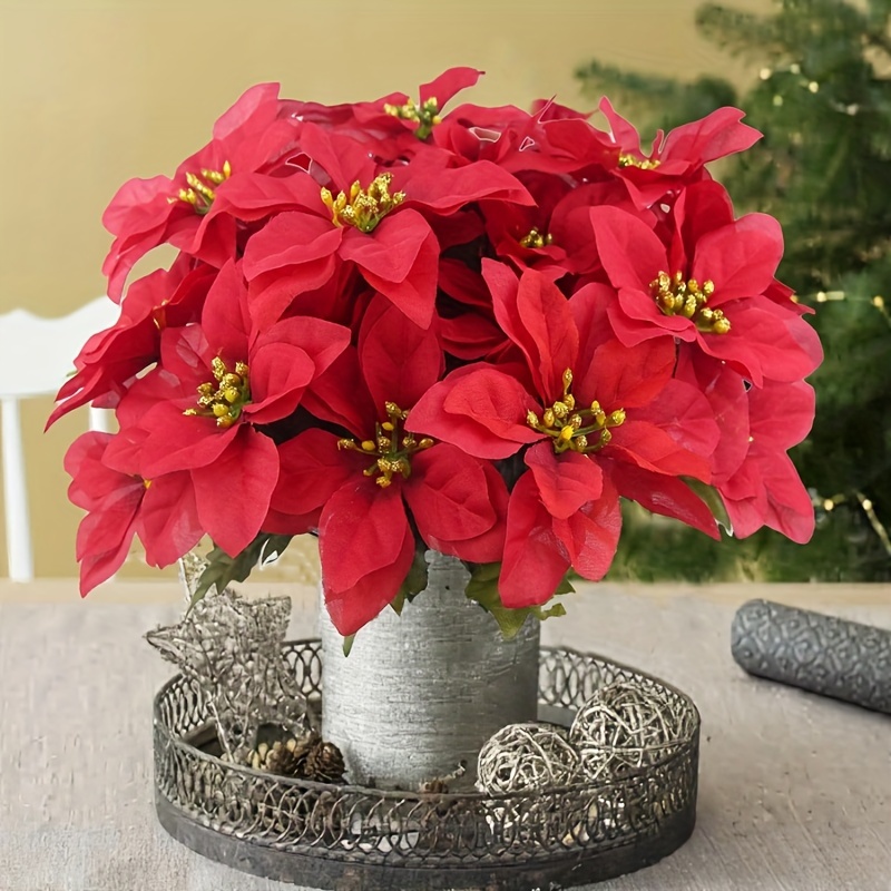 Potted Poinsettias Artificial Christmas Flowers 7 Heads Faux Red Christmas  Poinsettia Plants in Pots Fake Poinsettia Bonsai Christmas Poinsettia