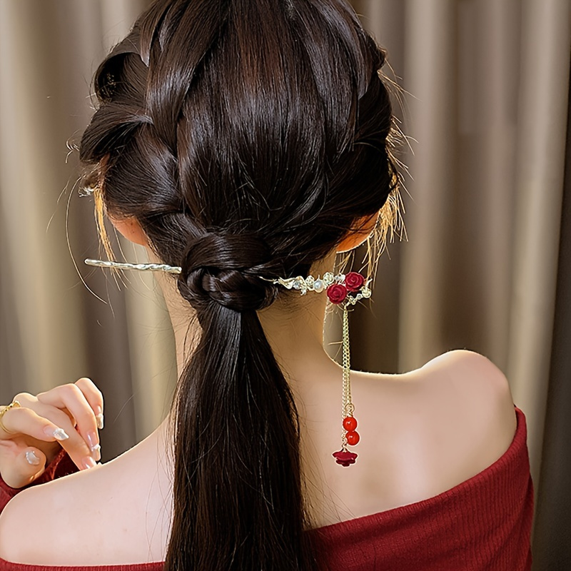 1pc Chinese Style Hair Sticks Vintage Wooden Red Flower Tassel Hairpins Elegant Romantic Plate Hair Accessories, Christmas Gifts,Temu