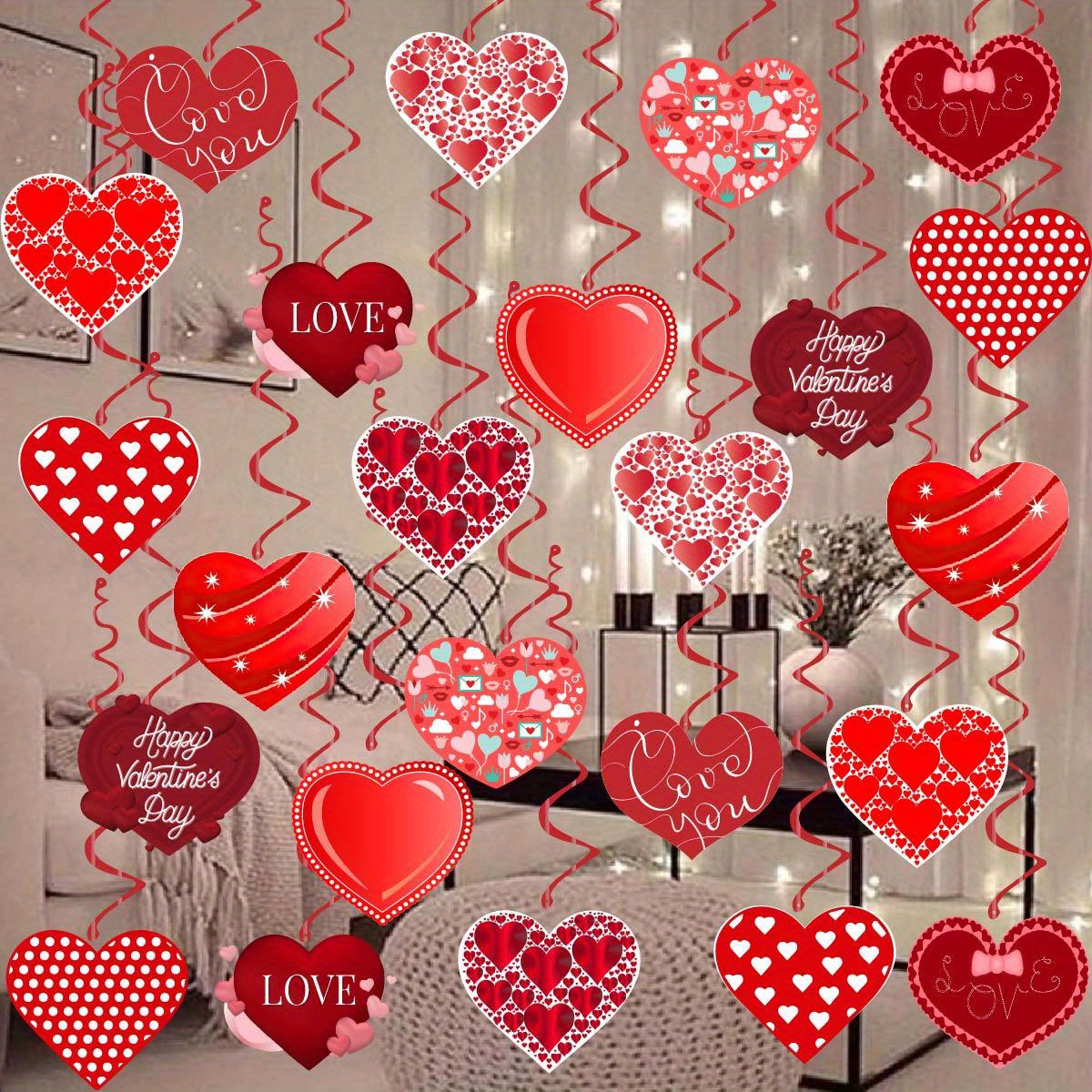 14 Pcs 8 x 8 Inch Valentine's Day Red Hearts Hanging Ornaments Plastic  Valentine Heart Decoration Double Sided Valentines Hanging Decorations for