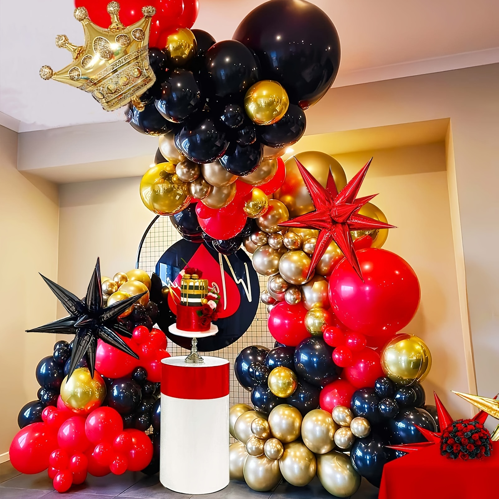 Casino Theme Red and Black Gold balloon garland arch kit With Starburst  Dice Crown balloons for casino royale Birthday Las Vegas night hollywood  theme