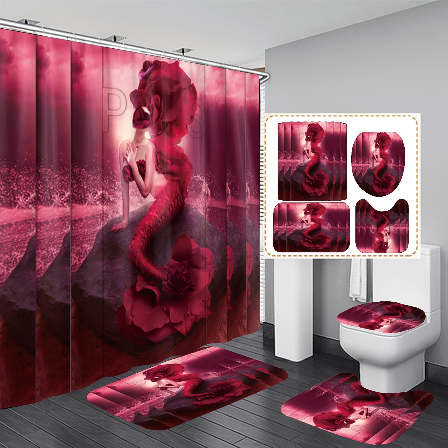 ZOEO Cortina de ducha de sirena para niñas, tela de pez de unicornio, gato,  impermeable, para ventana grande, juego de cortinas de baño para bañera