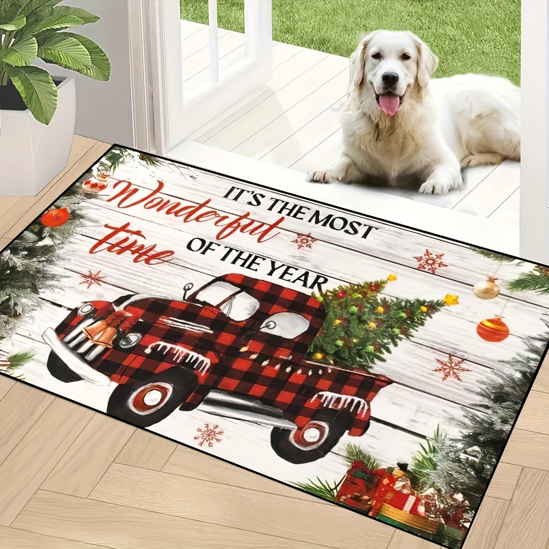 Christmas Door Mat Outdoor for Front Door Decorations , Red Farm Truck  Merry Christmas Tree Doormat,Winter Christmas Holiday Welcome Floor Mat Rug  Entryway for Front Porch Farmhouse Decor, 30 x 17 