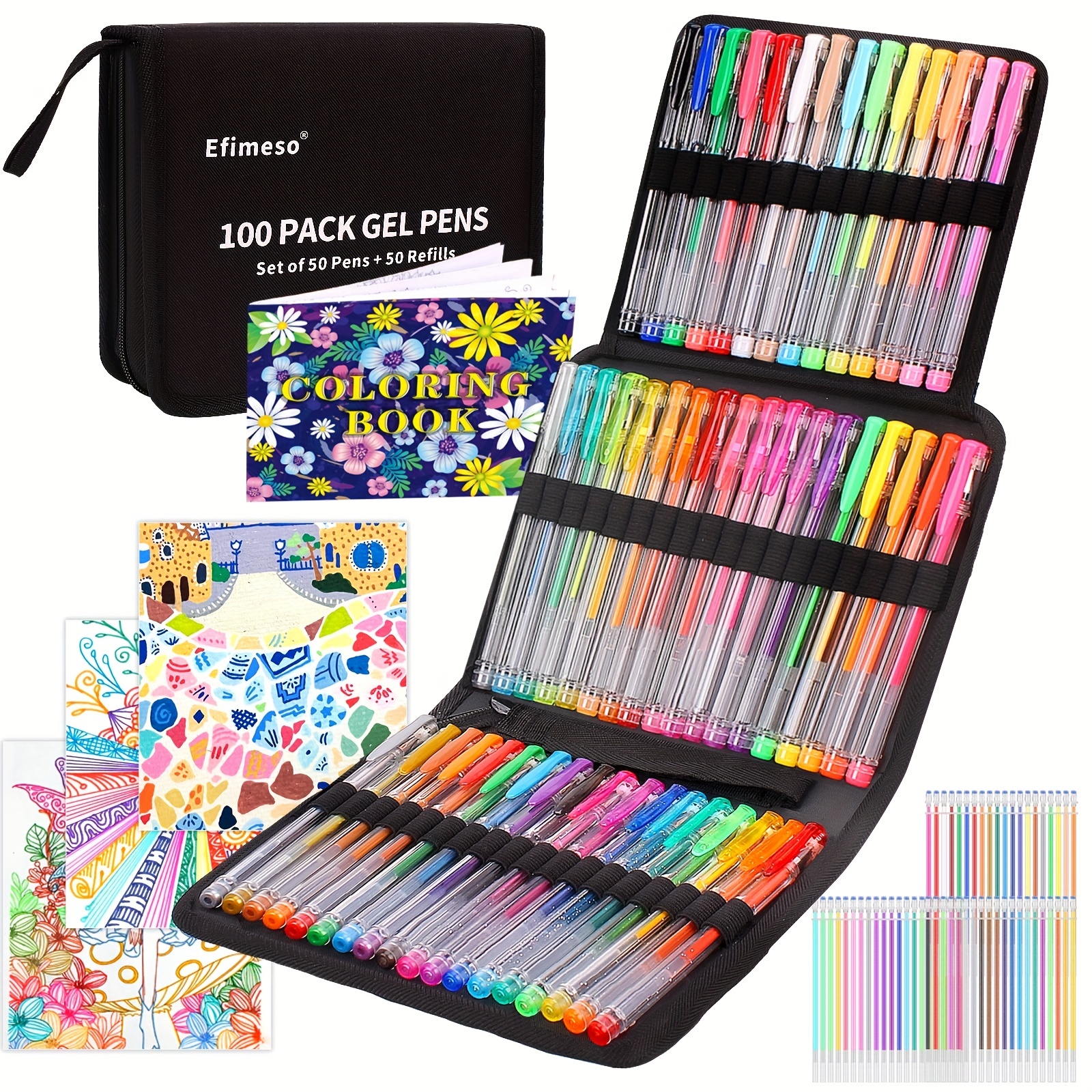 200 PCS Gel pens Set 100 Colored Gel Pen with 100 Refills Fine Tip Glitter  Gel pens with Canvas Bag Kids Adults Coloring Books