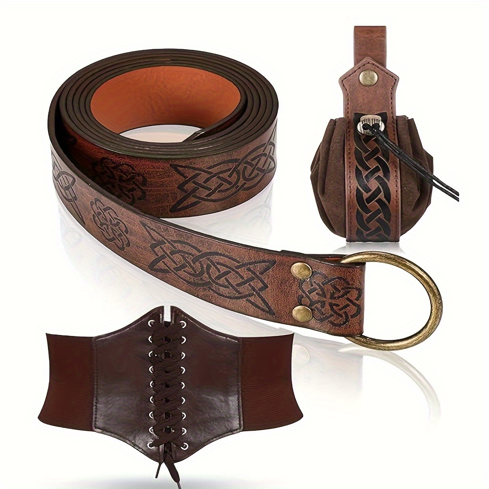 1set Mens Viking Embossed Buckle Belt Medieval Faux Leather