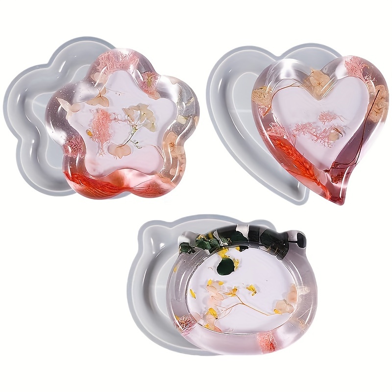4Pcs Epoxy Irregular Fruit Tray Resin Mold Fruit Tray Resin Silicone Bottom  Seat Coaster Tray Mold With Gold Foil Package