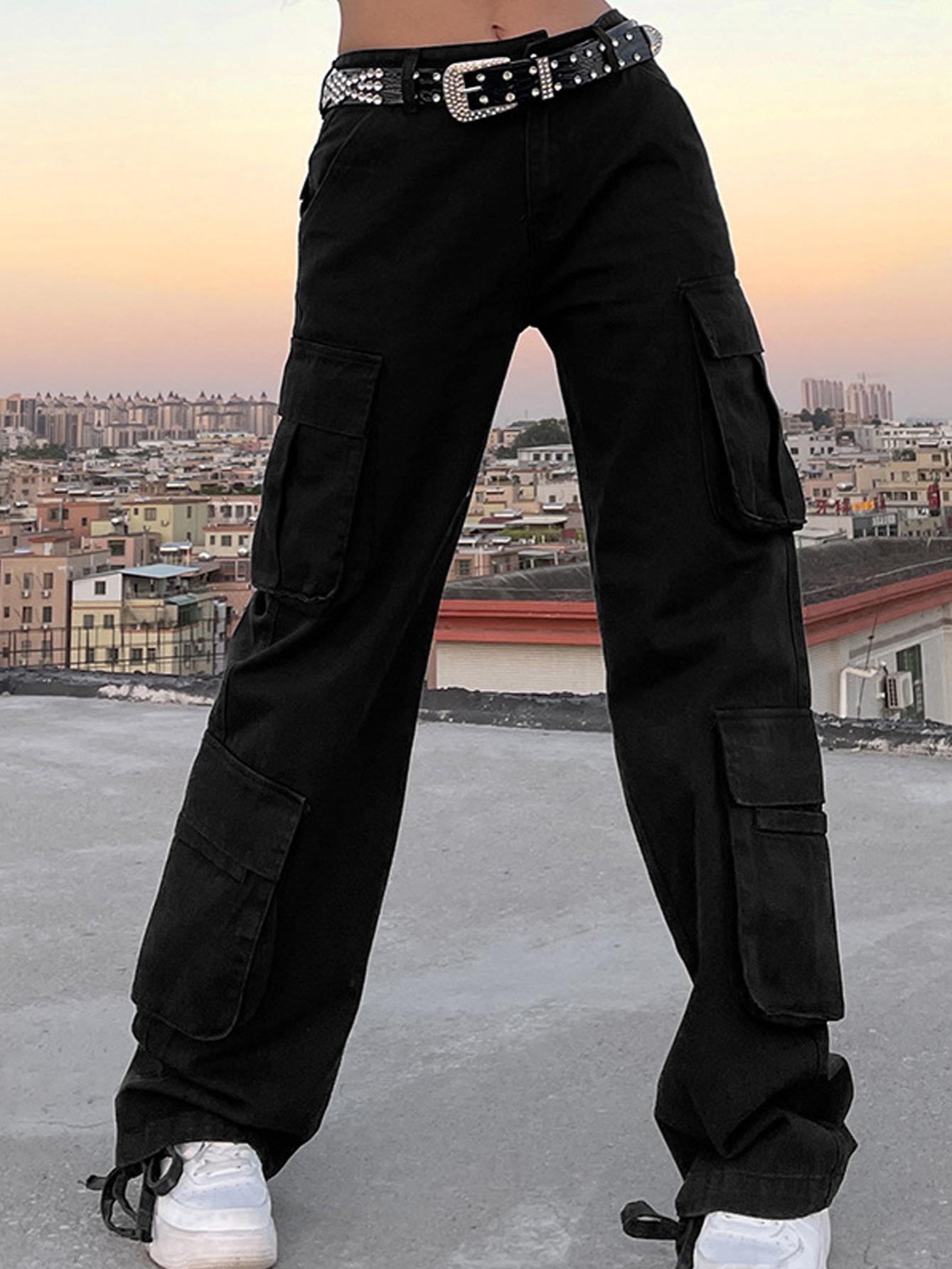  Pantalones cargo verde militar jeans sueltos para mujer, ropa  de calle, pantalones de mezclilla vintage, cintura alta, bolsillo recto,  Negro - : Ropa, Zapatos y Joyería